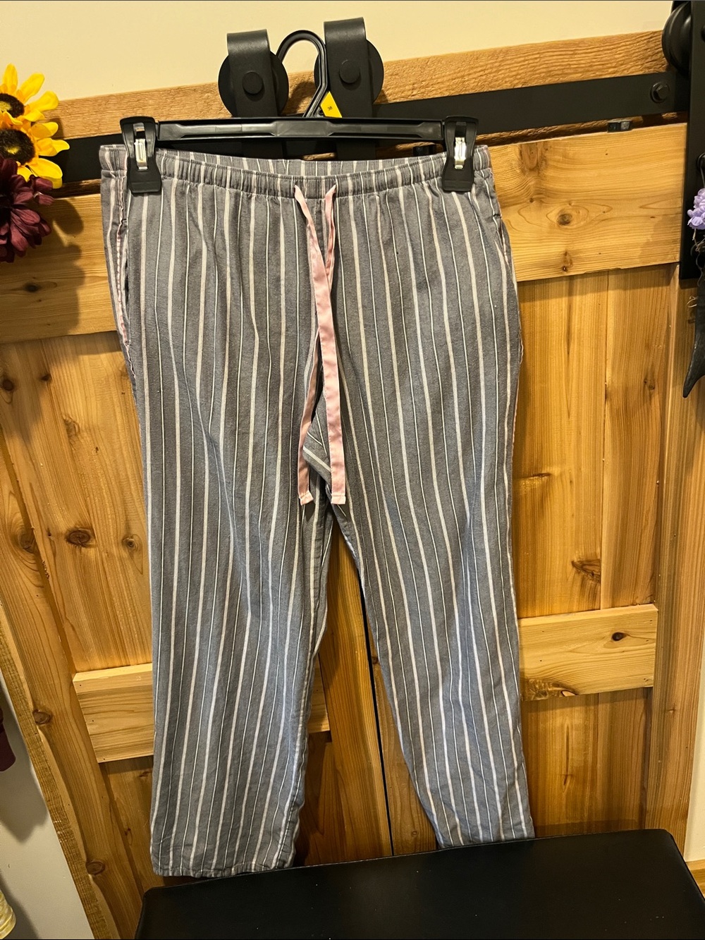 Victoria's Secret Gray Pinstripe Lounge Pants with Pink Drawstring